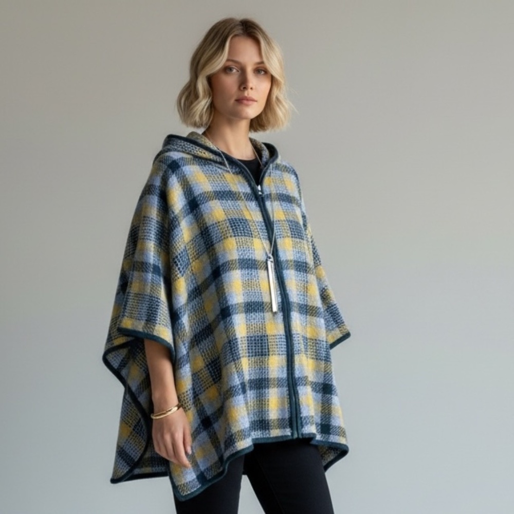 Jones New York Plaid Knit Poncho Sweater – Multi-Color, One Size Fits Most